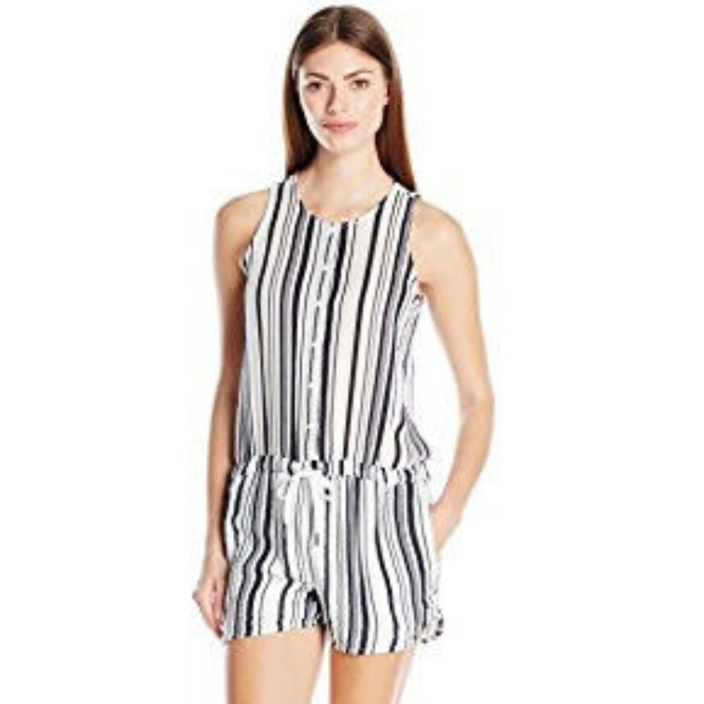 sleeveless Striped Gauze Striped Romper white blue